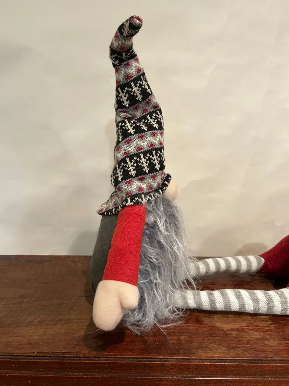 Christmas Holiday Gnome with knit cap, striped stockings and wispy gray beard